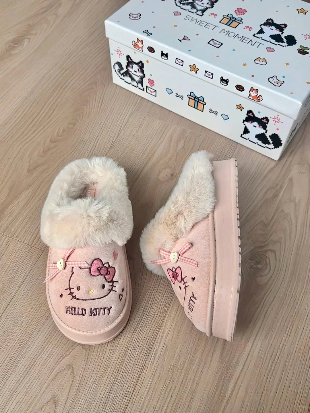 Hello Kitty Faux-Fur Trim & Bow Accent Plush Slippers