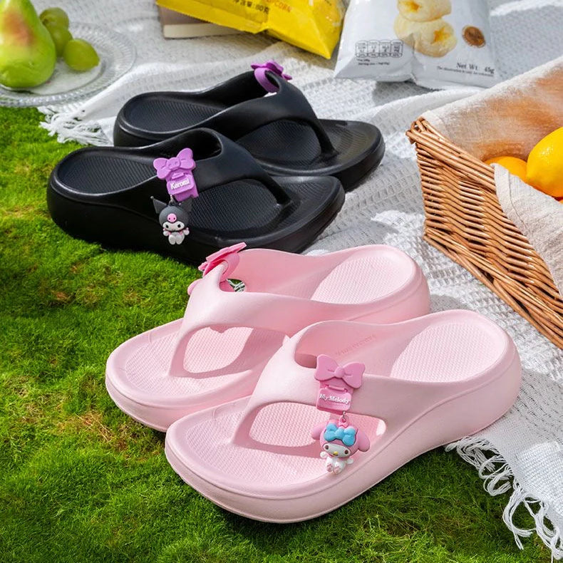 Sanrio Characters Thick Sole Flip Flops - 3.5cm Platform EVA Soft Cushion Slides for Women, Anti-Slip Beach & Casual Slippers