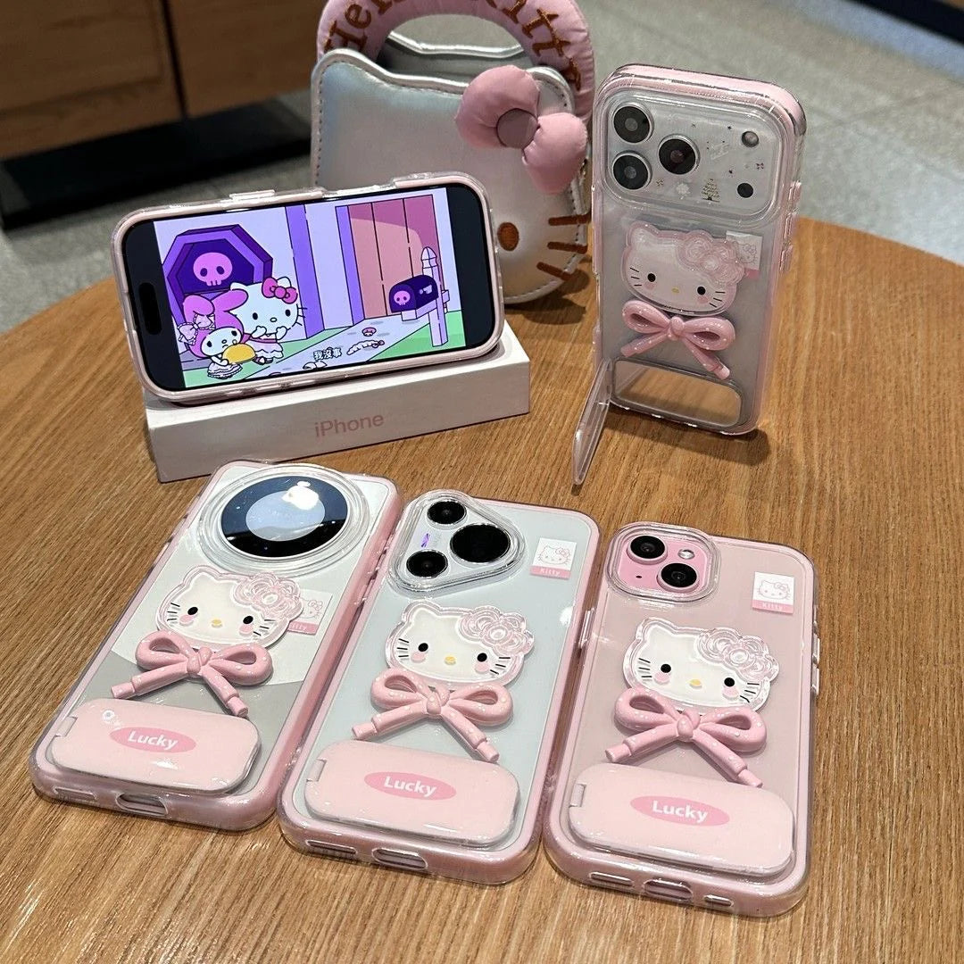 Lucky Hello Kitty Pink Bow Phone Case With Mirror Stand