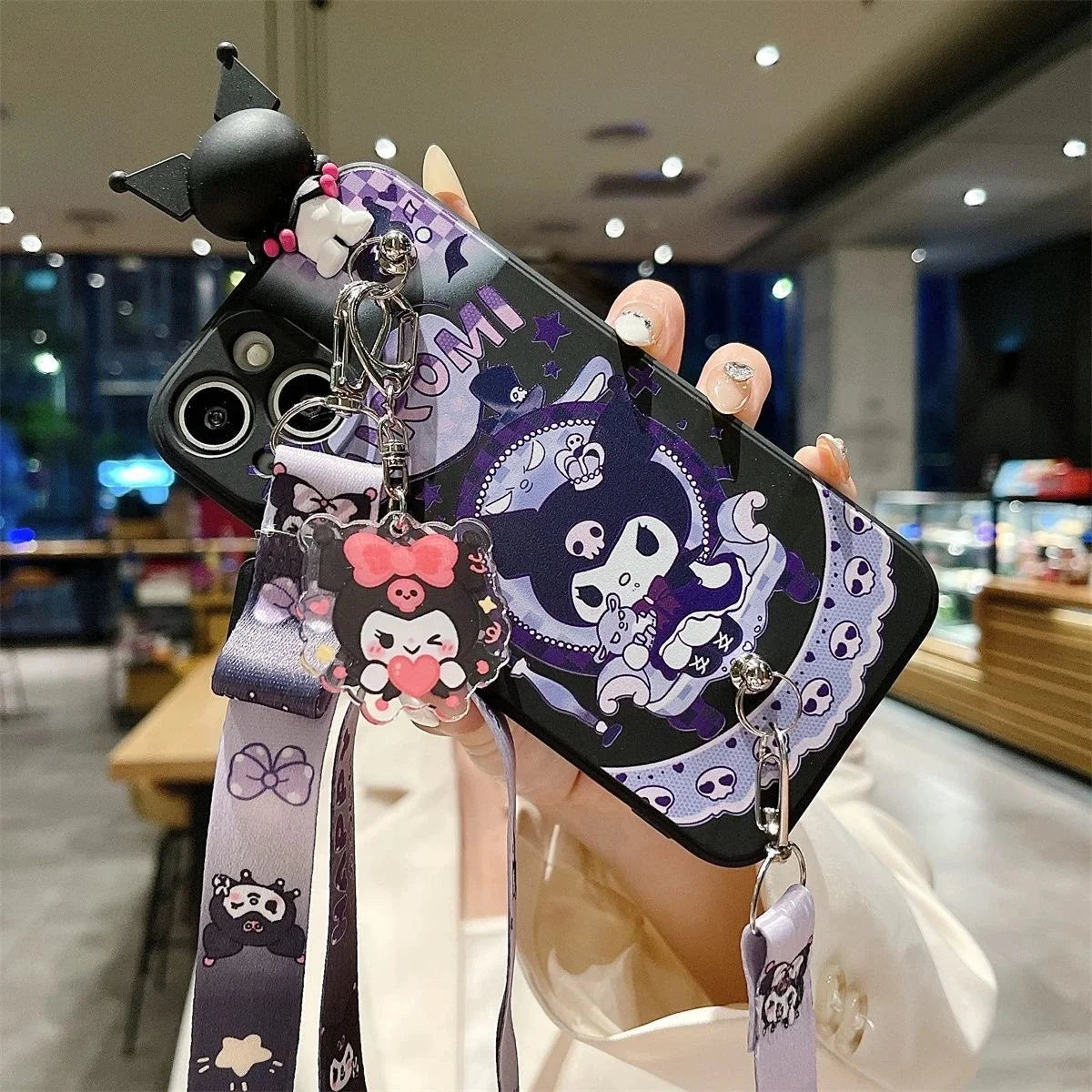 Kuromi 3D Charm Phone Case with Lanyard & Pearl Chain
