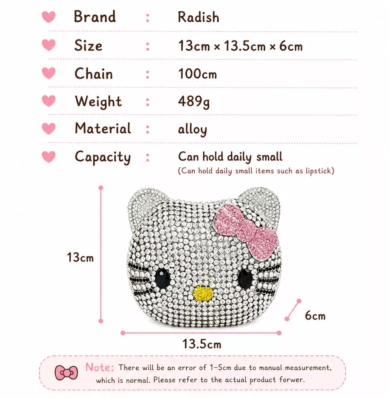 Hello Kitty Rhinestone Evening Bag, Handmade Full Crystal Crossbody Chain Purse