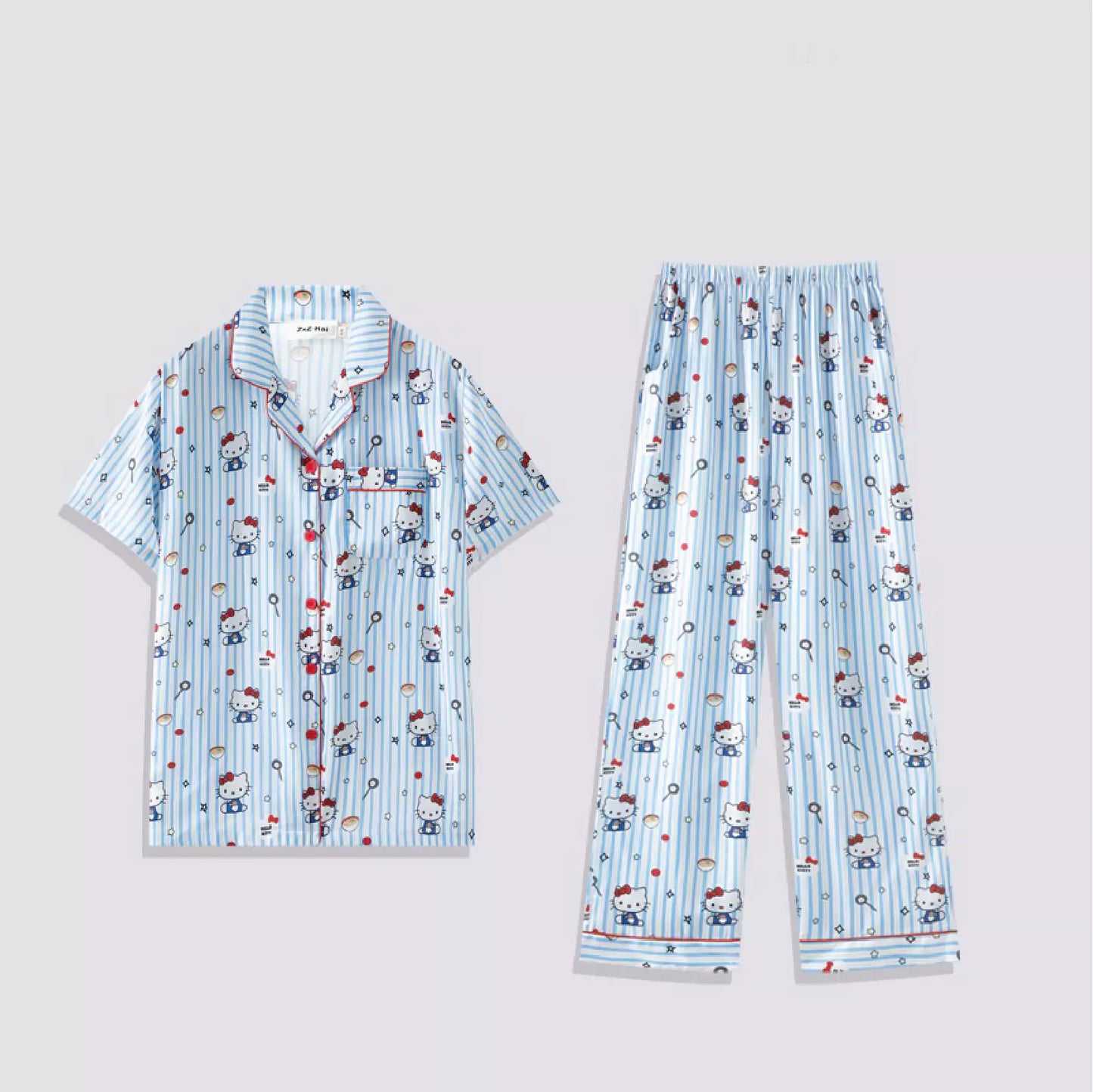 HelloKitty Blue Striped Foodie Prints Pajamas Set